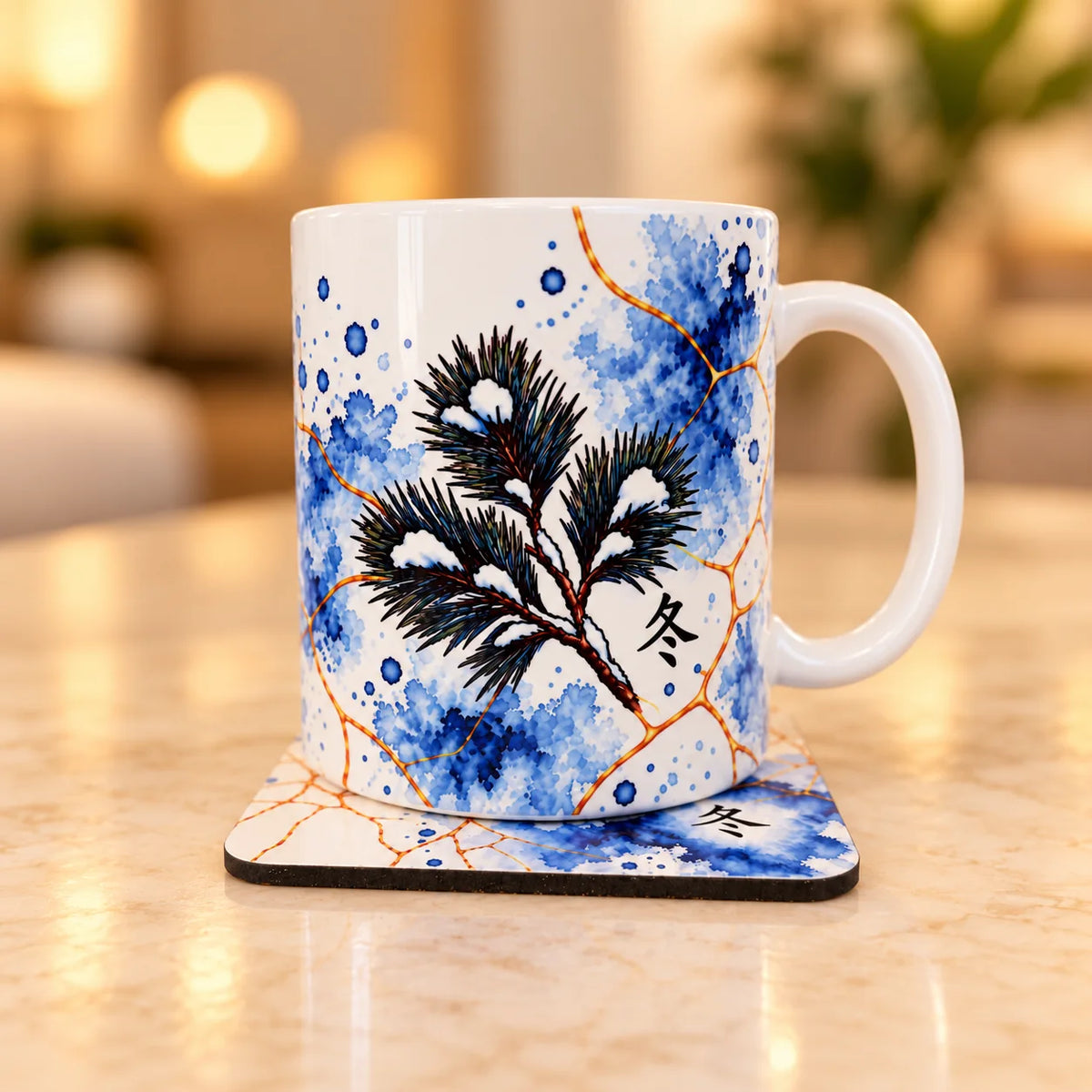 Winter Pine ceramic mug displayed on matching glossy drink coaster