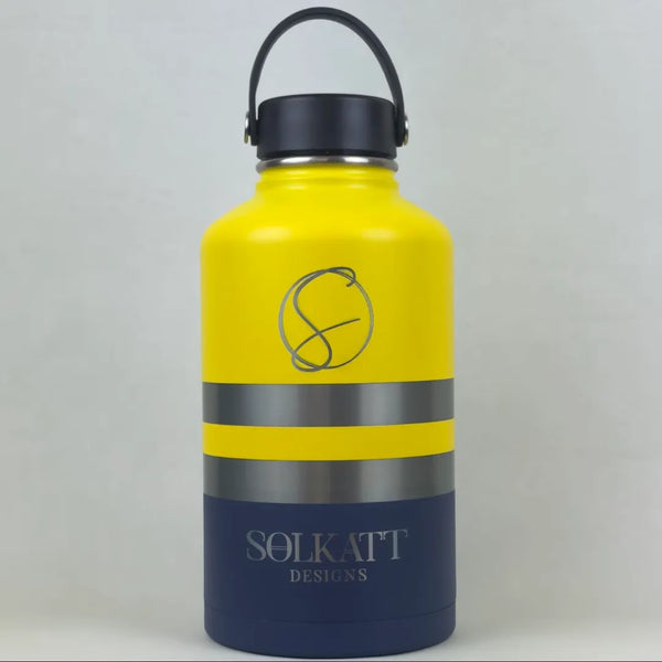 Yellow Tradie insulated water bottle wide mouth lid front view - 1.9L (64oz) - Solkatt Designs