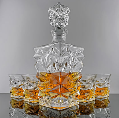 Jagged Edge Crystal Whiskey Whisky Decanter and 4 Matching Glass Set Solkatt designs