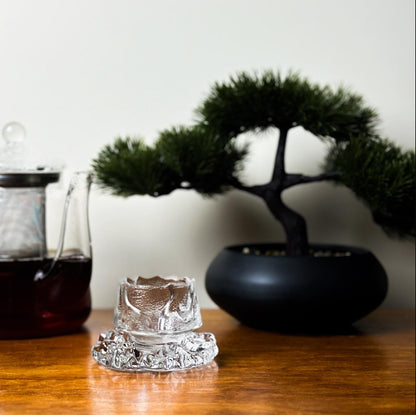 Japanese Handmade Clear Hammer Design Glass Teacup Matching Saucer