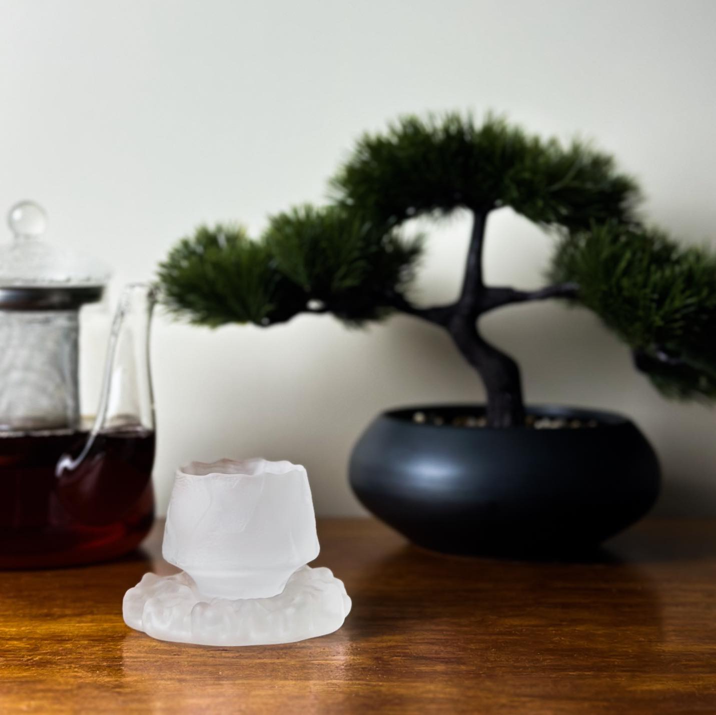 Japanese Handmade Frosted  Hammer Design Glass Teacup Matching Saucer