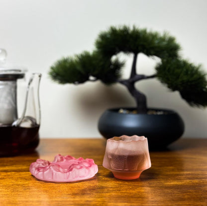 Japanese Handmade Frosted Pink Hammer Design Glass Teacup Matching Saucer